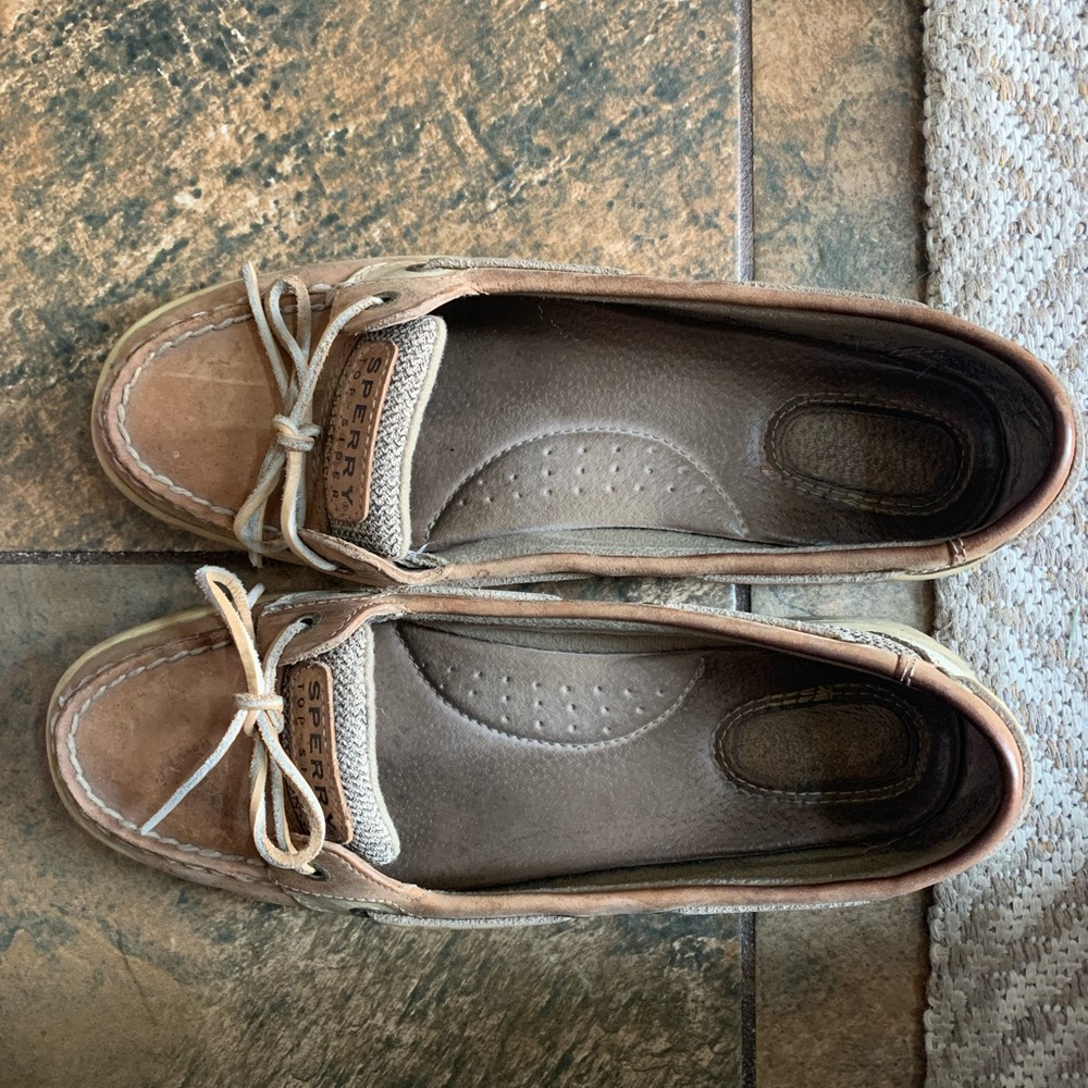 Tan leather sperry slip ons. Size 8.5